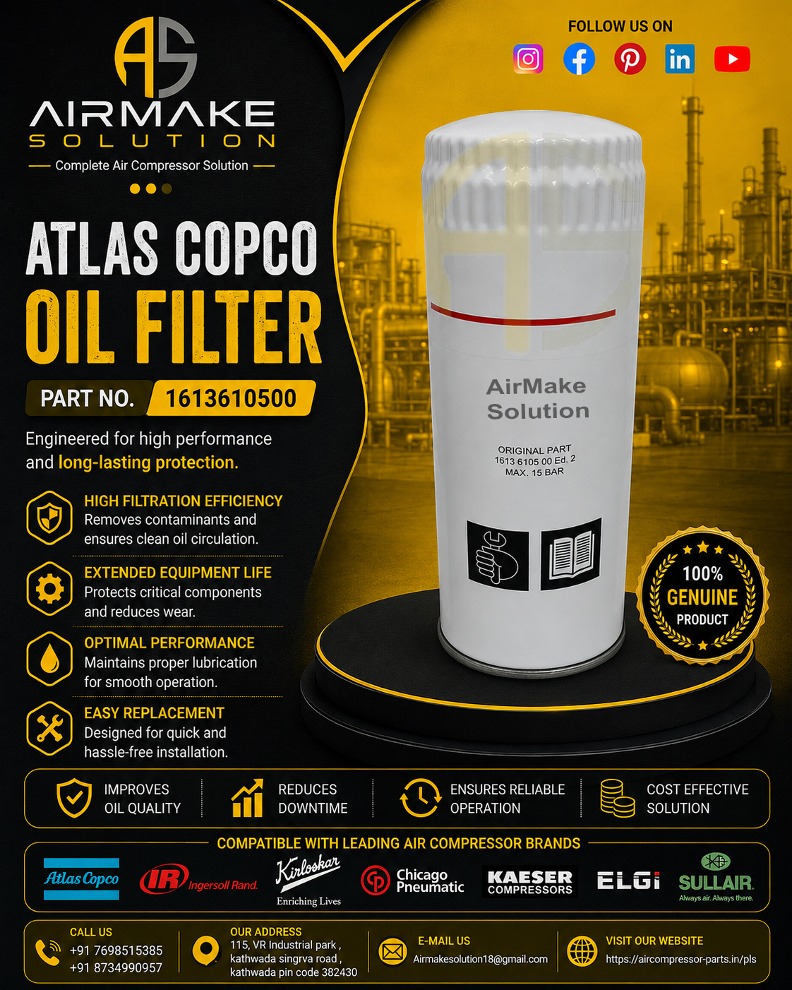 Atlas Copco Oil Filter 1613610500
